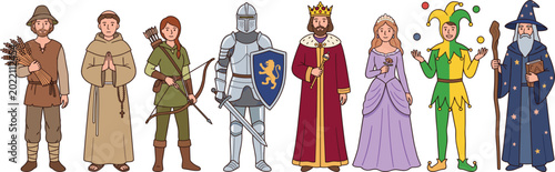 Tableau sur toile Medieval and Fantasy Character Vector Set Featuring Peasant, Monk, Archer, Knigh