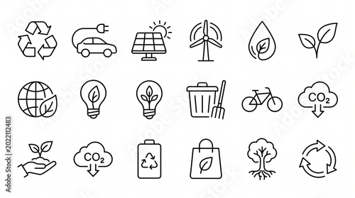 Cuadro en lienzo Eco Friendly and Sustainable Environment Line Icons Set - Green Energy, Recyclin