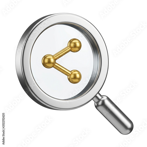 Magnifying Glass Over Golden Network Connection Icon, SEO Concept