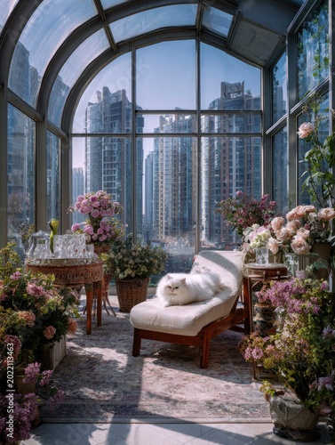 Sun-drenched sunroom, cat on chaise lounge, flowers, urban backdrop