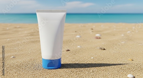 Sunscreen tube on sandy beach shore.