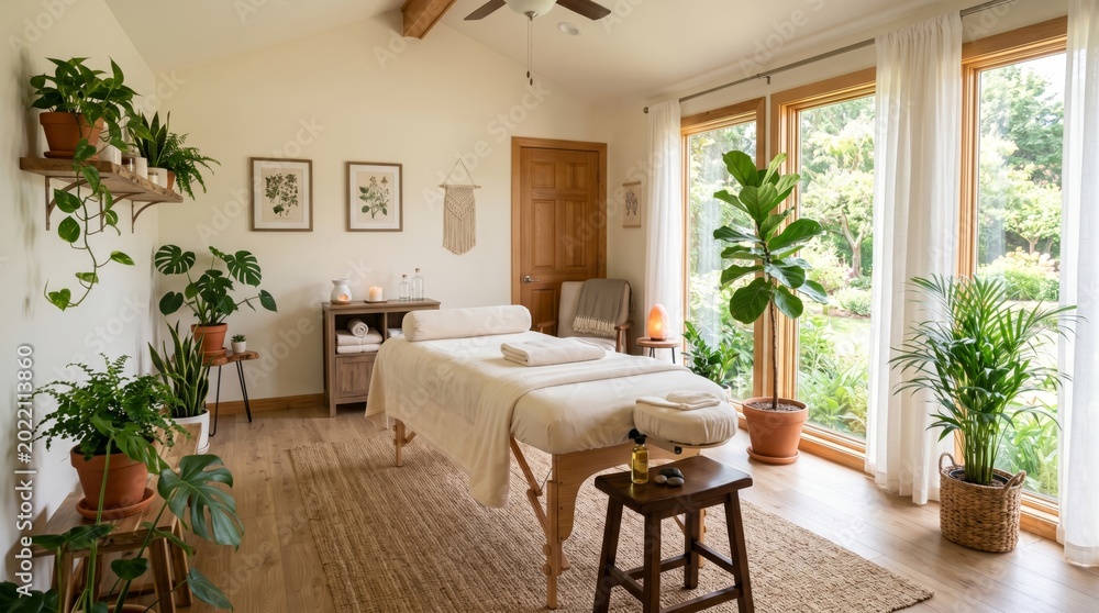 Fototapeta premium Bright Wellness Office with Large Windows, Indoor Plants and Spa Massage Table