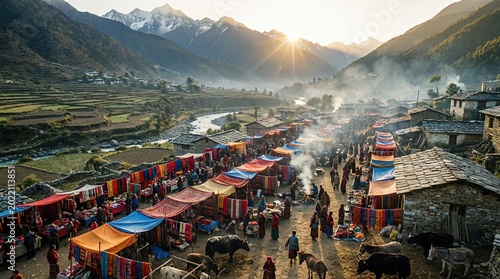 Traditional village market in mountain valley at sunrise, colorful fabrics, local culture, cinematic aerial composition