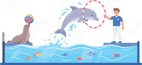 Photos Dolphin and Sea Lion Performance Vector Illustration Featuring Trainer, Jumping