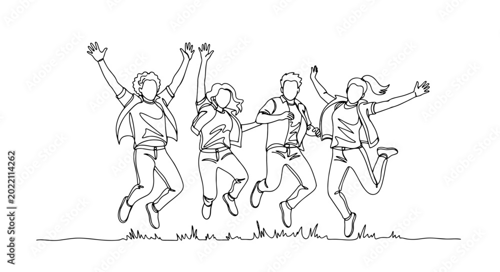 Fototapeta premium Continuous Line Drawing of Group of Happy Friends Jumping in Celebration and Joy