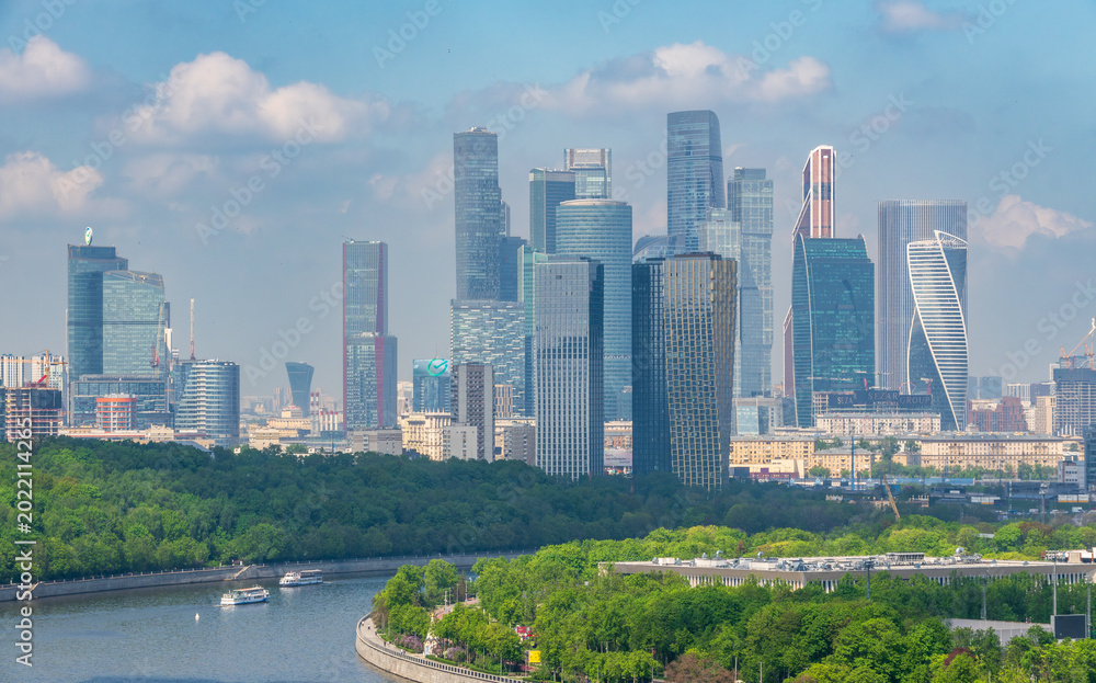 Obraz premium Modern skyscrapers rise behind a lush green riverbank