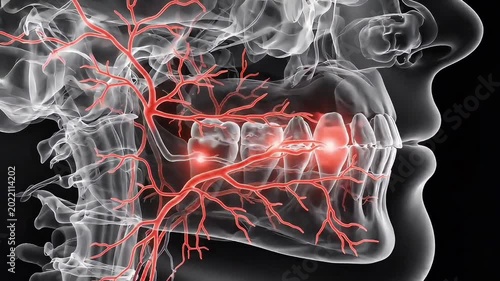 3D medical render of human skull with red glowing toothache pain on black background