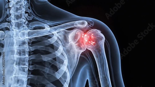 3D medical render of human shoulder joint with red glowing pain on black background