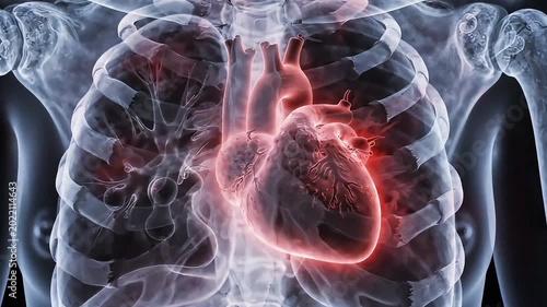 3D medical render of human anatomy with red glowing heart pain on black background