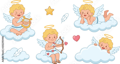 Quadro em tela Cherub Angel Vector Set Featuring Cloud, Harp, Bow and Arrow, Heart, and Star fo