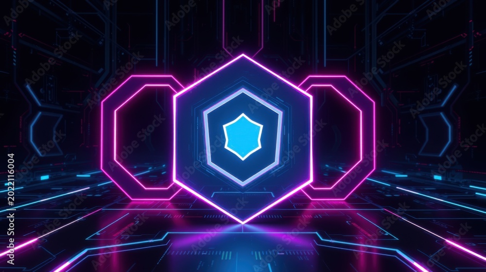 Fototapeta premium Futuristic tunnel, glowing neon lights, hexagonal shapes dominate scene. Dark background emphasizes vibrant colors, creating digital aesthetic.