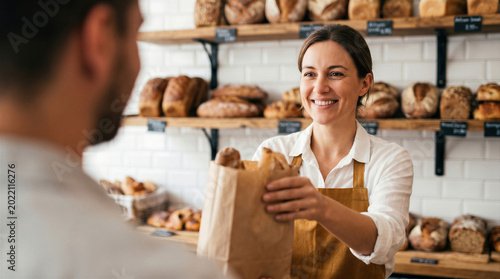 Smiling female baker handing a paper bag with fresh bread to customer in bakery shop. 