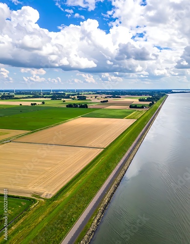 Aerial view of a vast agricultural landscape with fields and a large body of water