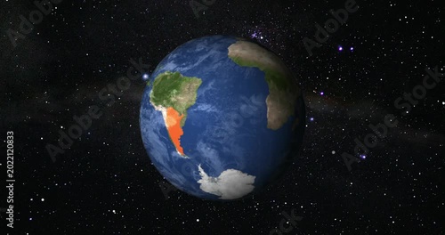 Zoom in to Argentina from Earth. Satellite view of the South America. The concept of highlight the country, globe, tourism, travel, journey, aerial view of countries.