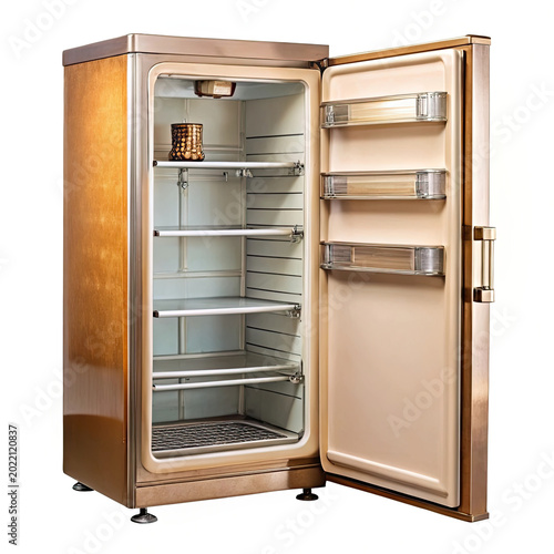 Vintage wooden refrigerator with open doors showing empty shelves and retro design isolated