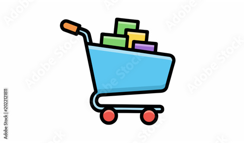 Konstfotografi Cartoon shopping cart icon with products bold outline colorful ecommerce busines
