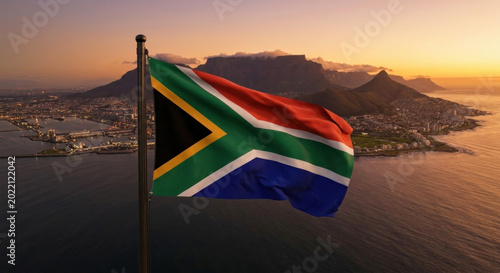 South African Flag Waving with Table Mountain at Sunset, Cape Town, South Africa, National Symbol, Landmark Landscape