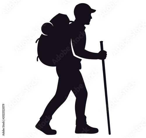 man hiking with backpack and trekking pole walking outdoors