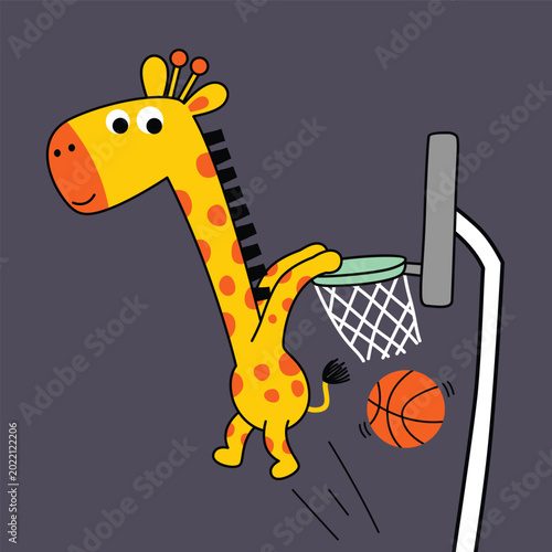 Cartoon giraffe jumping to shoot ball into basketball hoop on dark background. Sport concept