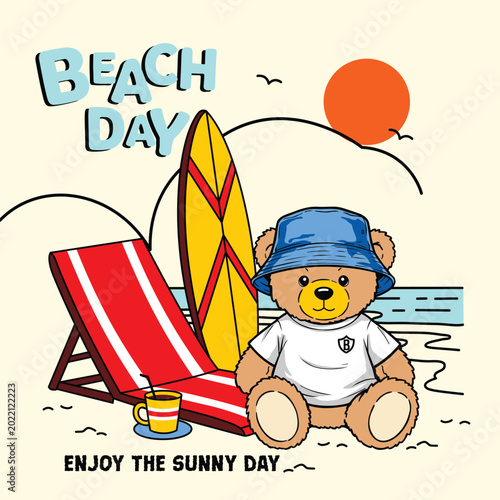 Cute bear wearing blue bucket hat sitting near beach accessories under bright sun. Summer concept