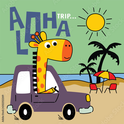 Cartoon giraffe driving small car toward tropical beach with palm trees and bright sun. Travel concept
