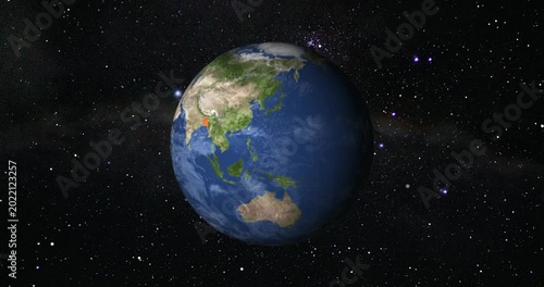 Zoom in to Bangladesh from Earth. Satellite view of the Asia. The concept of highlight the country, globe, tourism, travel, journey, aerial view of countries.
