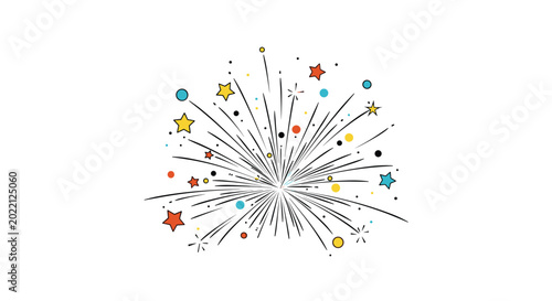 Vibrant fireworks display featuring colorful stars and circular sparks exploding in a festive celebration graphic design.