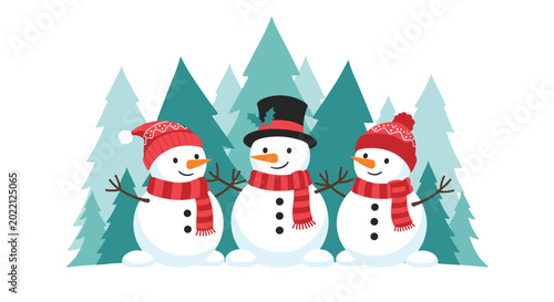 Charming winter scene featuring three happy snowmen wearing red hats and scarves standing in front of teal pine trees.