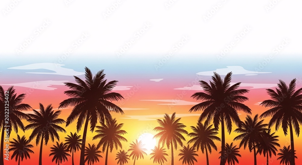 Obraz premium Tropical sunset with palm tree silhouettes.