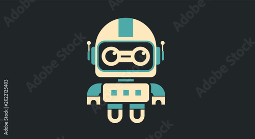 Cute little robot character with big eyes and antennas in a flat color style on a dark grey background for technology and sci fi themes.