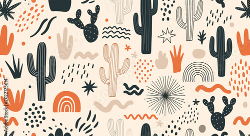 Modern seamless pattern featuring abstract cacti shapes dots waves and rainbows in a desert aesthetic boho style.