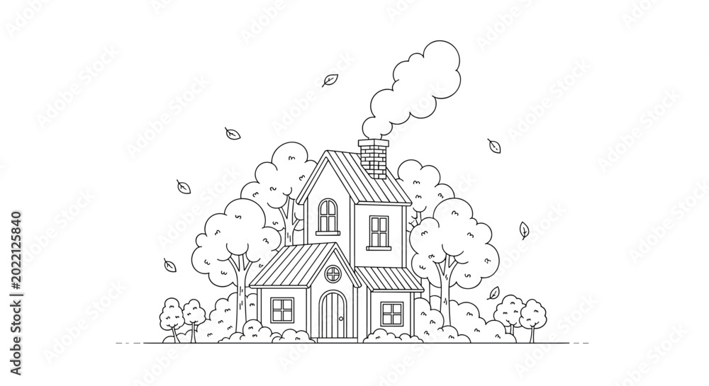 Fototapeta premium Detailed black and white line art of a charming two-story house nestled among many leafy trees with smoke coming from the chimney and falling leaves.