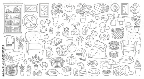 Large set of black and white line drawings featuring home furniture, plants, books, mushrooms, pumpkins, and various cozy autumn-themed objects.