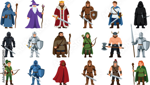 Cuadro en lienzo Medieval Fantasy Characters Set Featuring Wizards, Kings, Knights, Archers, and Warriors with Weapons and Armor for Adventure Illustrations