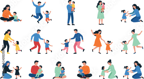 Parents and Children Enjoying Quality Time, Playing, Walking, and Bonding in Family-Friendly Illustrations.