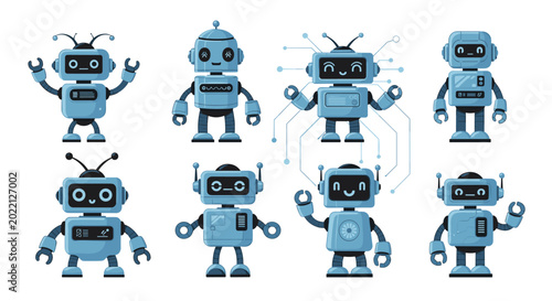 Set of various cute blue robot characters with different screen faces and mechanical designs for technology concepts.