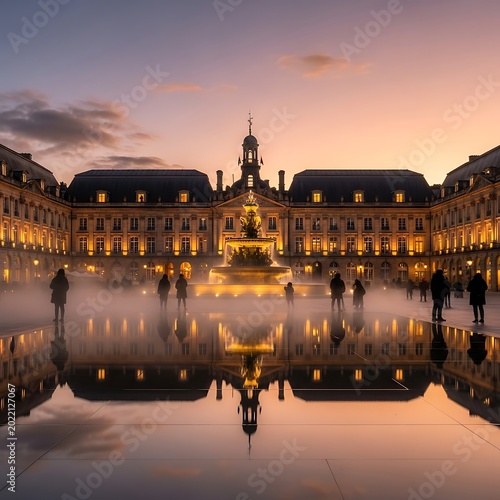 Illuminated square and classical building at dusk with mist