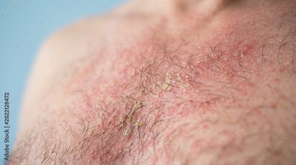 Fototapeta premium Macro view of irritated red skin with scaling and flaking around human chest hair follicles