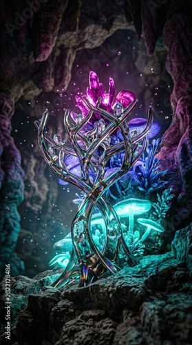 Fantasy glowing crystal plant and mushrooms in a magical cave