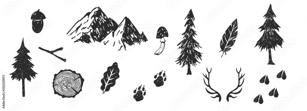 Obraz premium Camping linocut set, campfire and tent, deer footprint and horns. Hiking equipment hand drawn textured. Wood cut log, pine tree shape. Nature adventure.