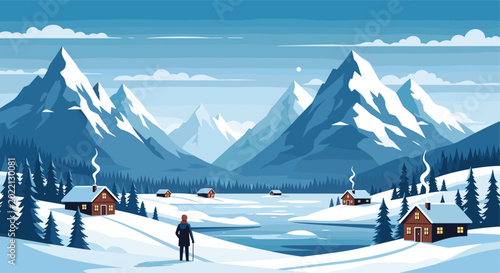 Cuadro en lienzo Beautiful winter mountain scenery shows snow-capped peaks surrounding a frozen lake with cozy wooden cabins and smoke from chimneys