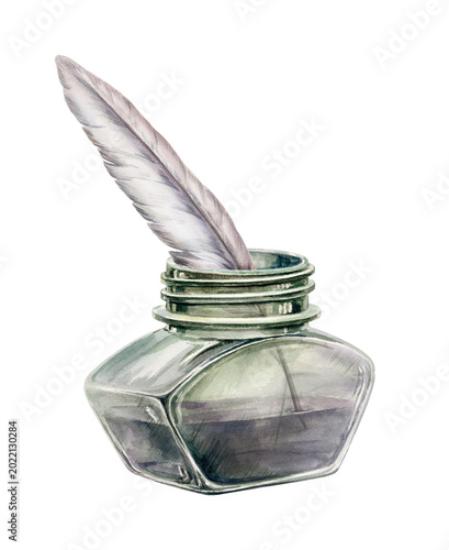 Quadro su tela Vintage glass inkwell with quill feather watercolor illustration