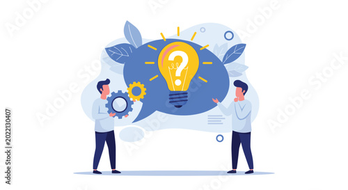 Slika na platnu Two people discuss creative solutions next to a large speech bubble containing a yellow lightbulb with a question mark symbol inside