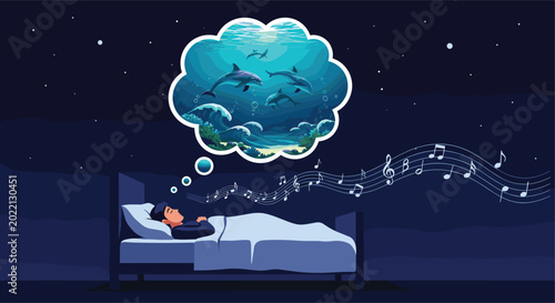 Photography Man sleeping soundly in his bed dreams of dolphins swimming in the deep blue ocean while musical notes float from his head into the air