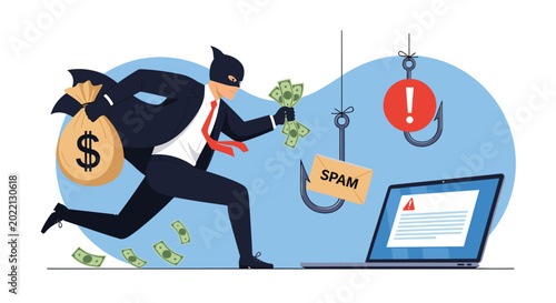 Fotografie Masked cybercriminal runs away with bags of stolen money next to a laptop being targeted by phishing hooks and spam email messages