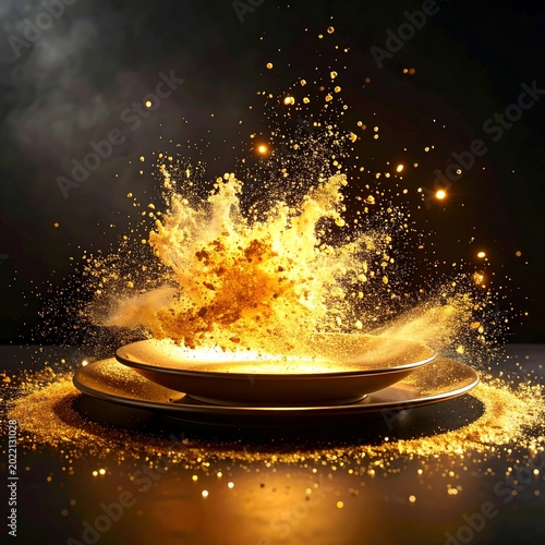 A golden plate explodes with sparkling particles