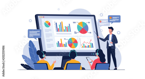 Tableau sur toile Business presenter uses pointer to explain complex data charts on large computer screen to team members wearing communication headsets