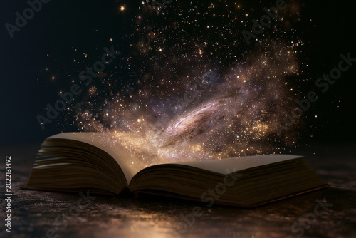 Magical galaxy and glowing particles emerging from open book, creating enchanting fantasy storytelling atmosphere with cinematic cosmic wonder beautifully.