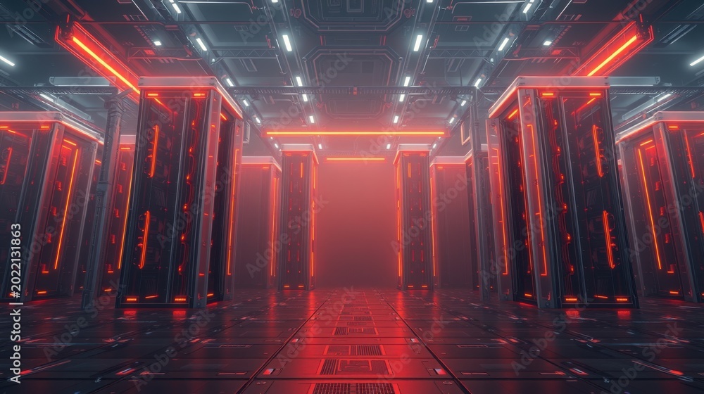 Fototapeta premium Futuristic corridor, red illumination, symmetrical design. Metallic surfaces, glowing lines create dramatic perspective. Minimalist, sterile environment.