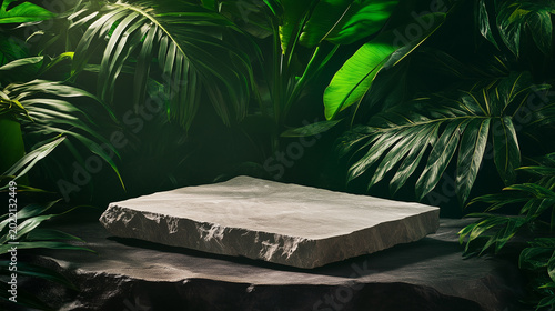 Textured Granite Plate with Lush Tropical Leaves and Natural Light Shadows